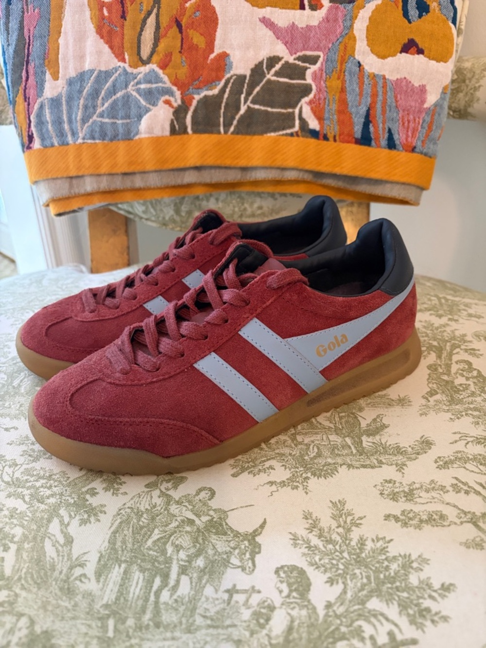 Gola Torpedo Suede Sneaker Maroon with blue Stripes Ochre/Air/Navy size US 6.5